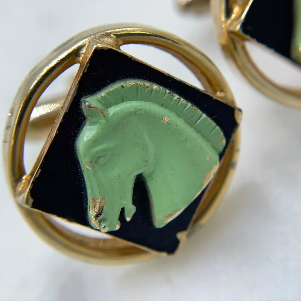 Vintage Men Gold Black Green 3D Horse Head Equestrian Cufflinks + Tie Clasp Clip